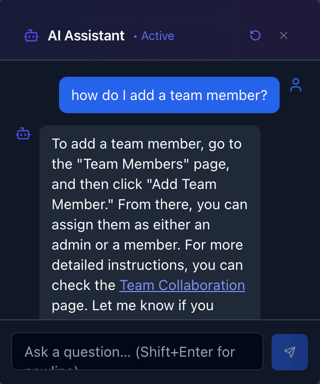 Tail AI Assistant answering a project tracking question and referencing documentation pages