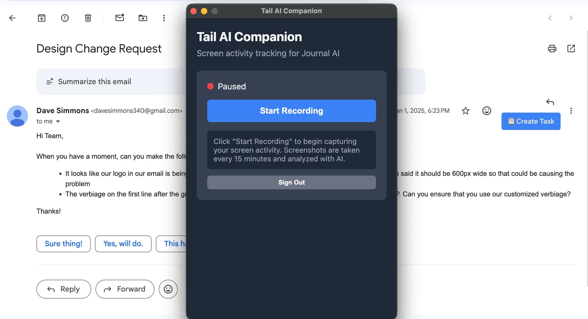 Tail AI Companion app running in the background