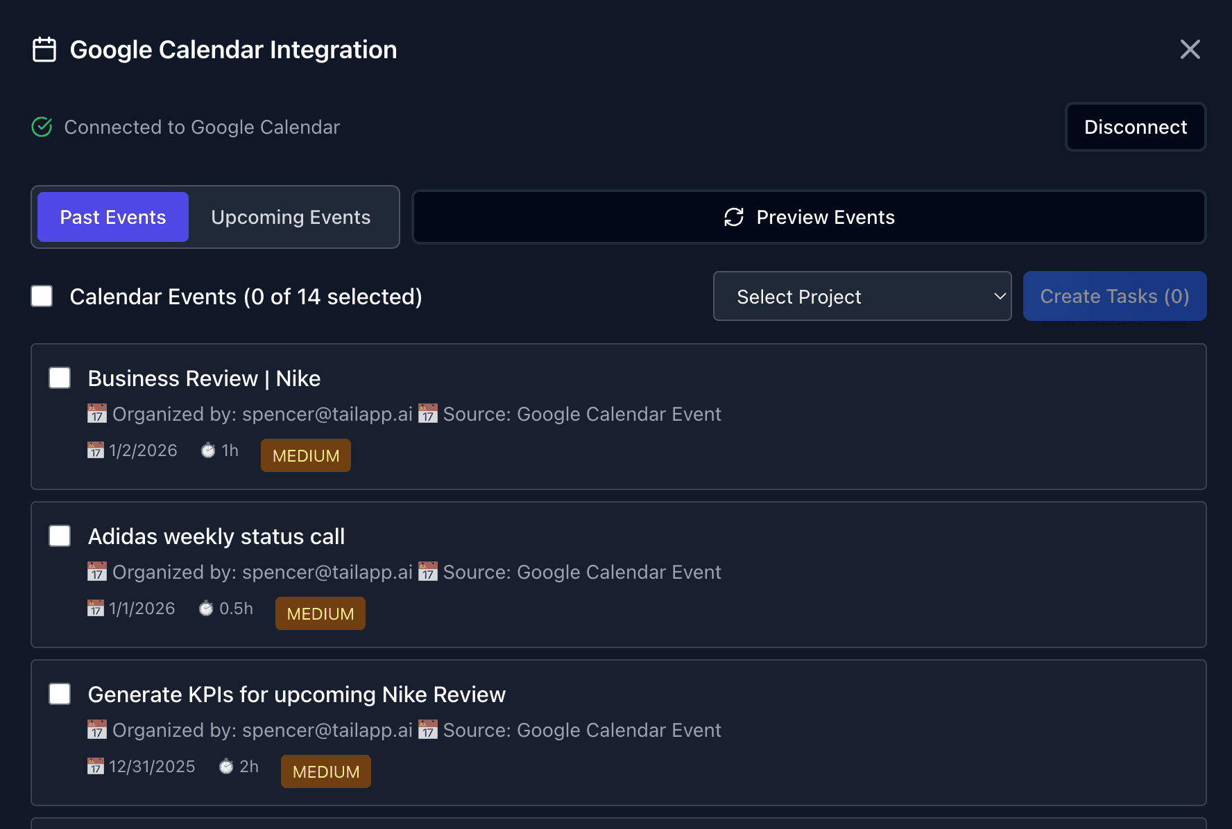 Google Calendar integration showing calendar events being converted to tasks