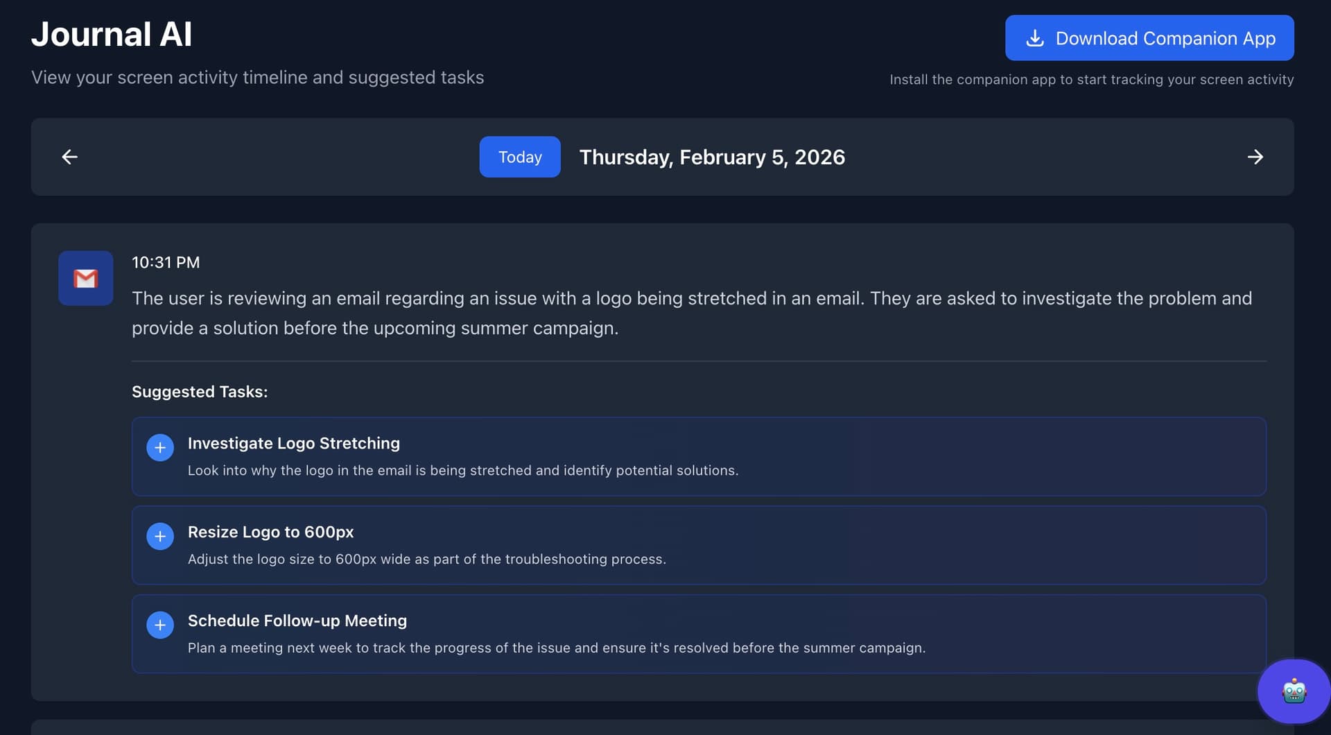 Journal AI page showing screen-based task suggestions