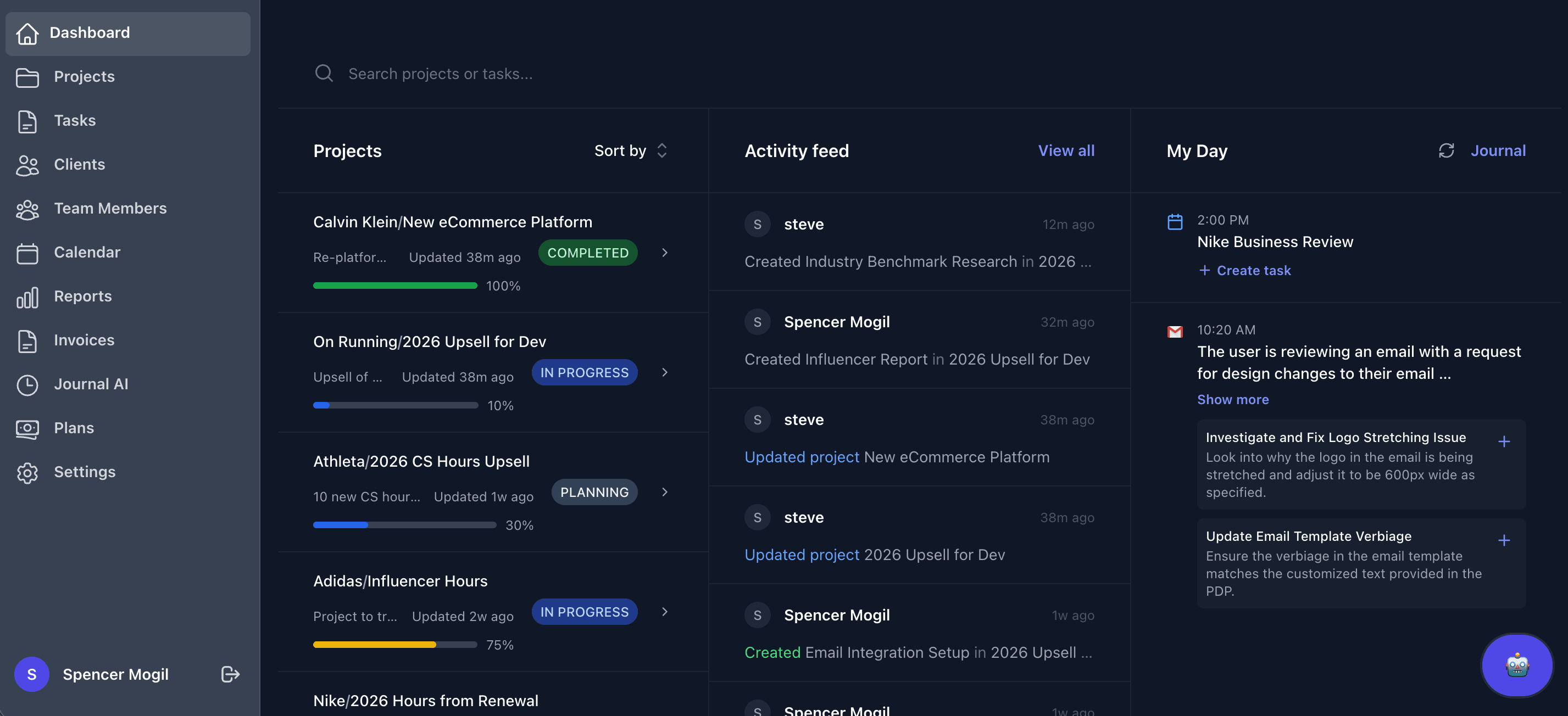 Tail AI dashboard showing real-time project health, completion percentages, and team activity