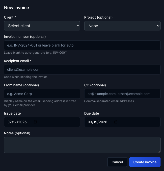 Creating a new invoice with project tasks