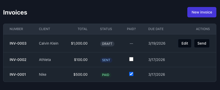 Invoices page with paid status